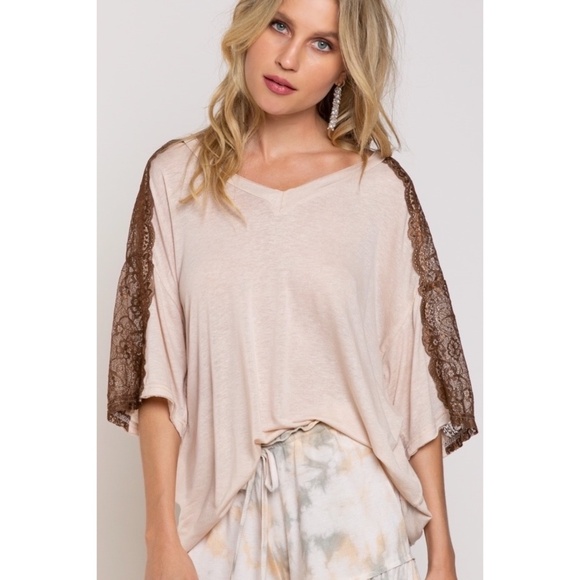 POL Tops - POL Beige Lace Detail Half Sleeve Oversized Tee